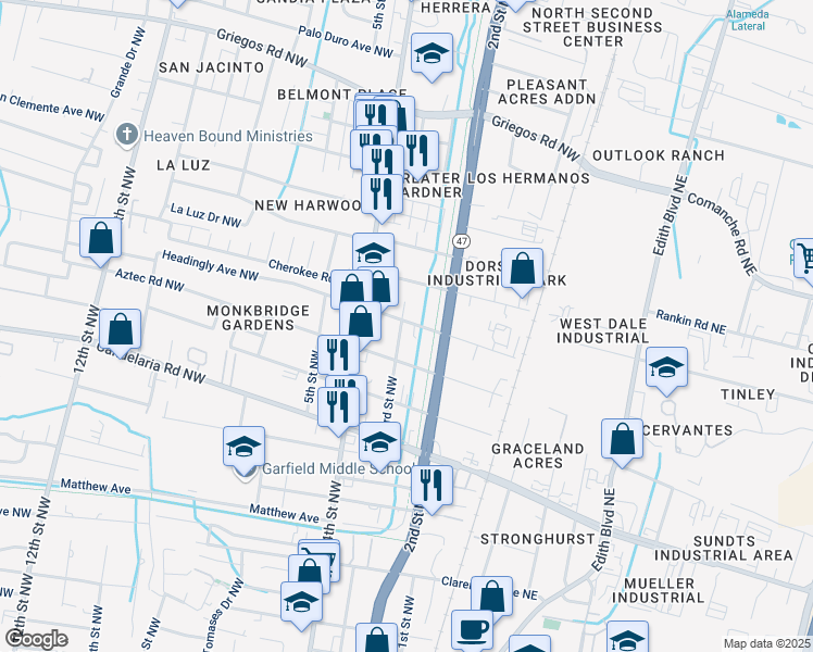 map of restaurants, bars, coffee shops, grocery stores, and more near 220 Headingly Avenue Northwest in Albuquerque