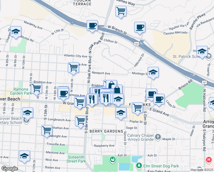 map of restaurants, bars, coffee shops, grocery stores, and more near 1461 Brighton Avenue in Arroyo Grande