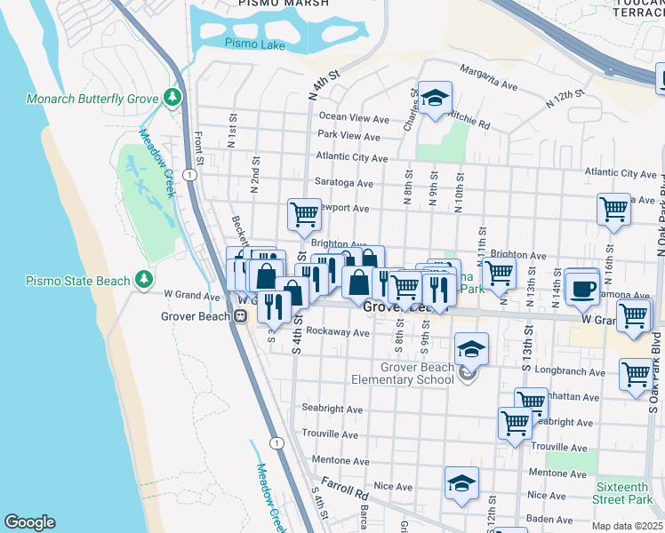map of restaurants, bars, coffee shops, grocery stores, and more near 466 Ramona Avenue in Grover Beach