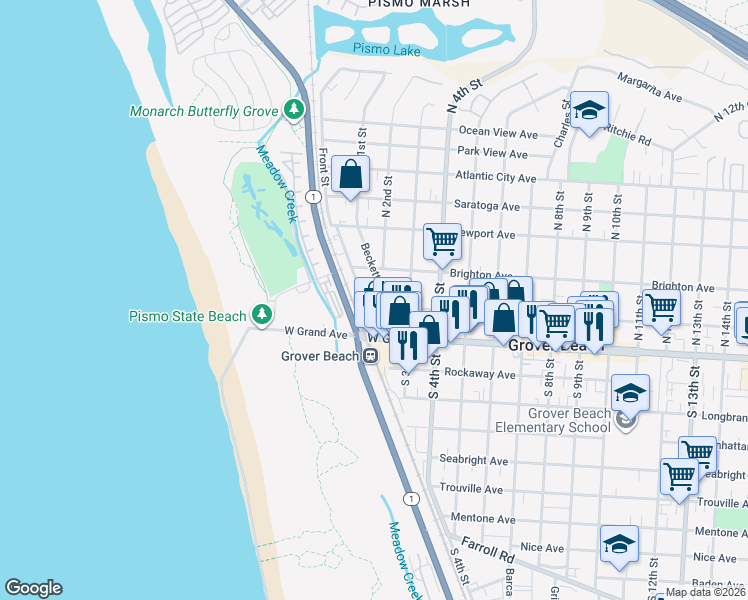 map of restaurants, bars, coffee shops, grocery stores, and more near 140 North 2nd Street in Grover Beach