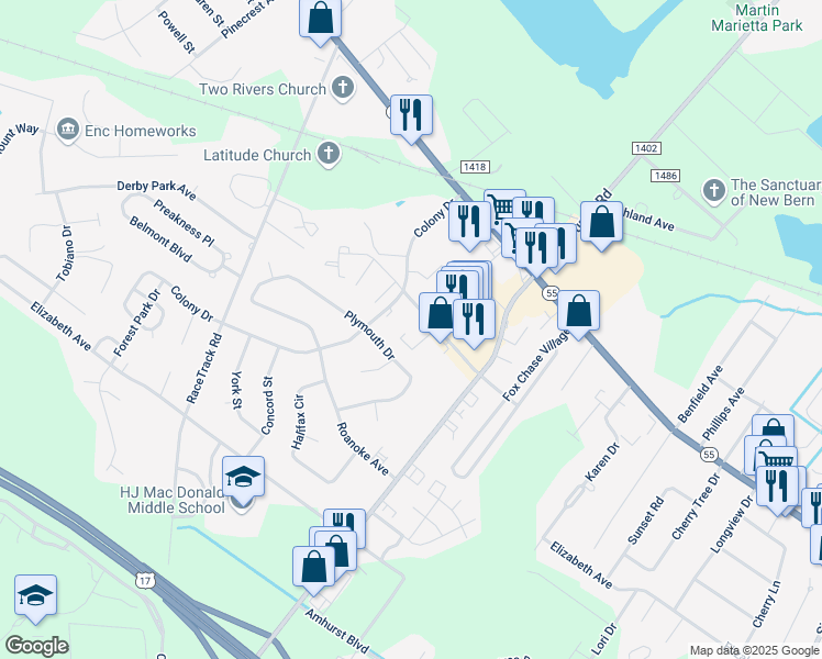 map of restaurants, bars, coffee shops, grocery stores, and more near 1028 Plymouth Dr in New Bern