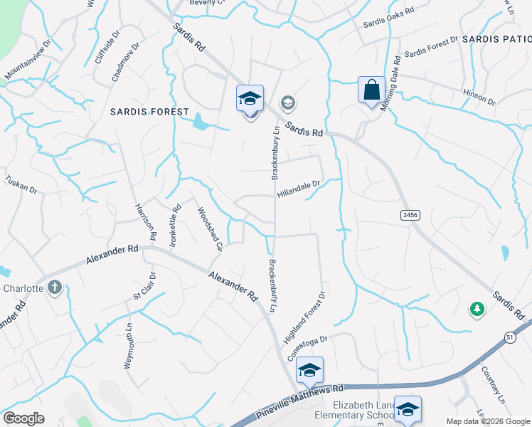 map of restaurants, bars, coffee shops, grocery stores, and more near 445 Brackenbury Lane in Charlotte