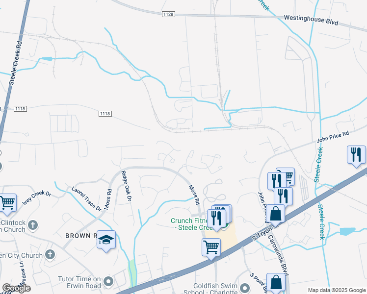 map of restaurants, bars, coffee shops, grocery stores, and more near 11115 Whitlock Crossing Court in Charlotte