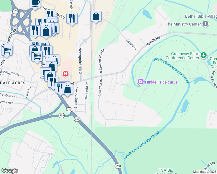 map of restaurants, bars, coffee shops, grocery stores, and more near 4905 Meadow Trace Lane in Chattanooga