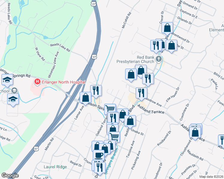 map of restaurants, bars, coffee shops, grocery stores, and more near 210 Trenton Street in Chattanooga