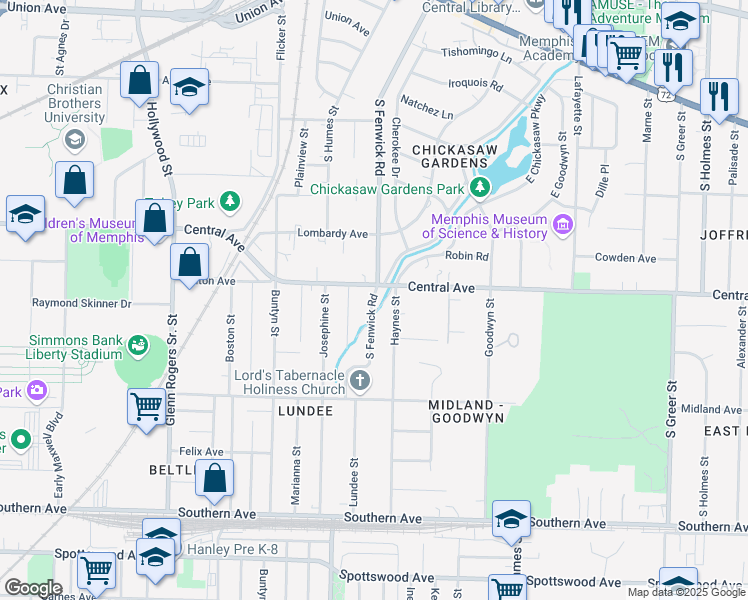 map of restaurants, bars, coffee shops, grocery stores, and more near 346 South Fenwick Road in Memphis