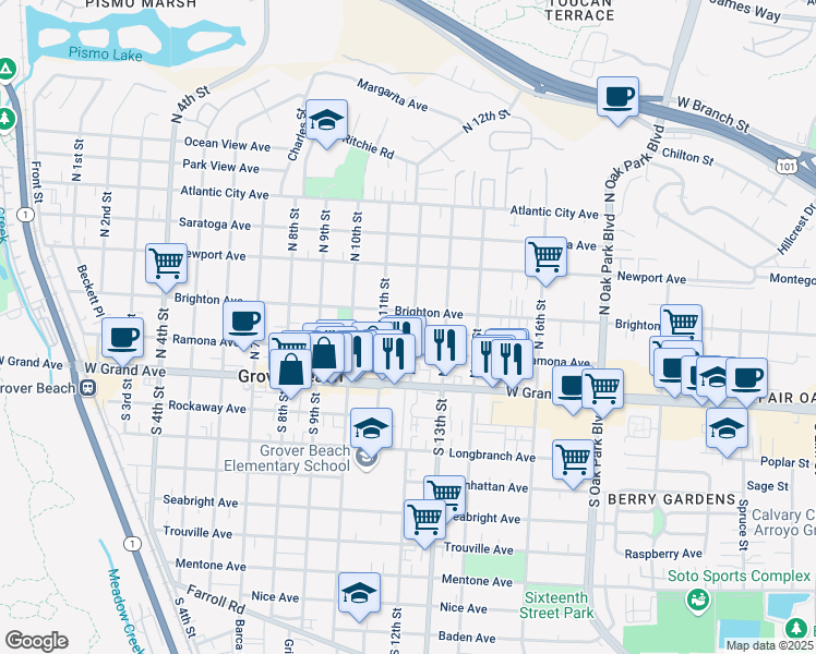 map of restaurants, bars, coffee shops, grocery stores, and more near 275 North 12th Street in Grover Beach