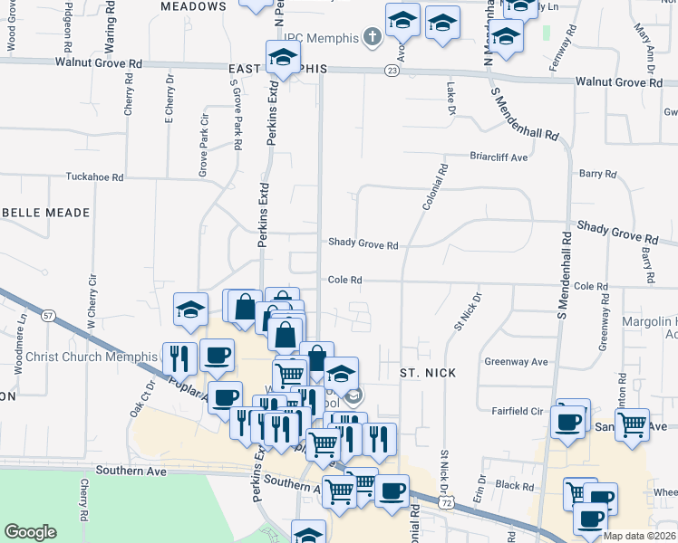 map of restaurants, bars, coffee shops, grocery stores, and more near 4690 Cole Road in Memphis