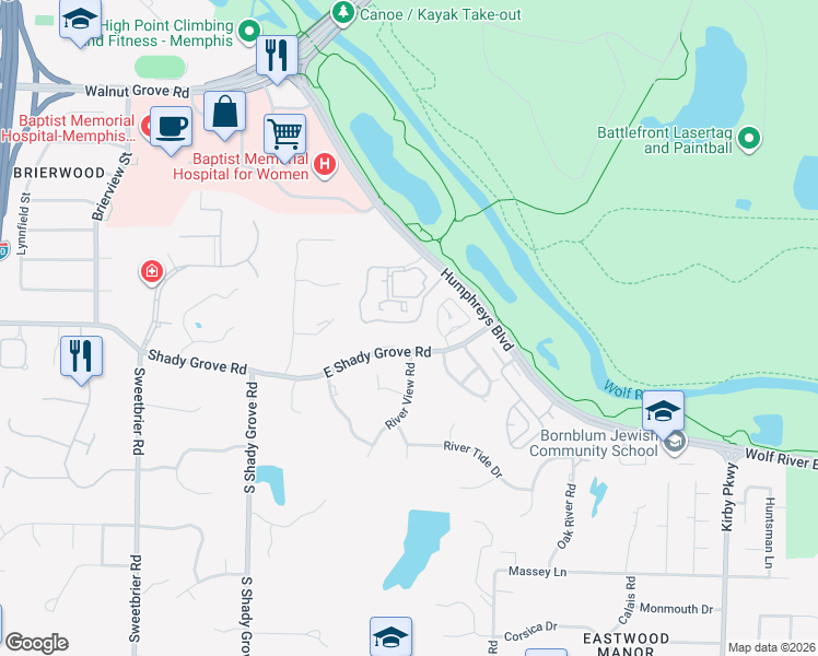 map of restaurants, bars, coffee shops, grocery stores, and more near 6350 East Shady Grove Road in Memphis