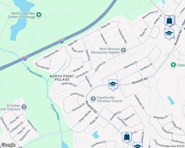 map of restaurants, bars, coffee shops, grocery stores, and more near 623 Platinum Street in Fayetteville