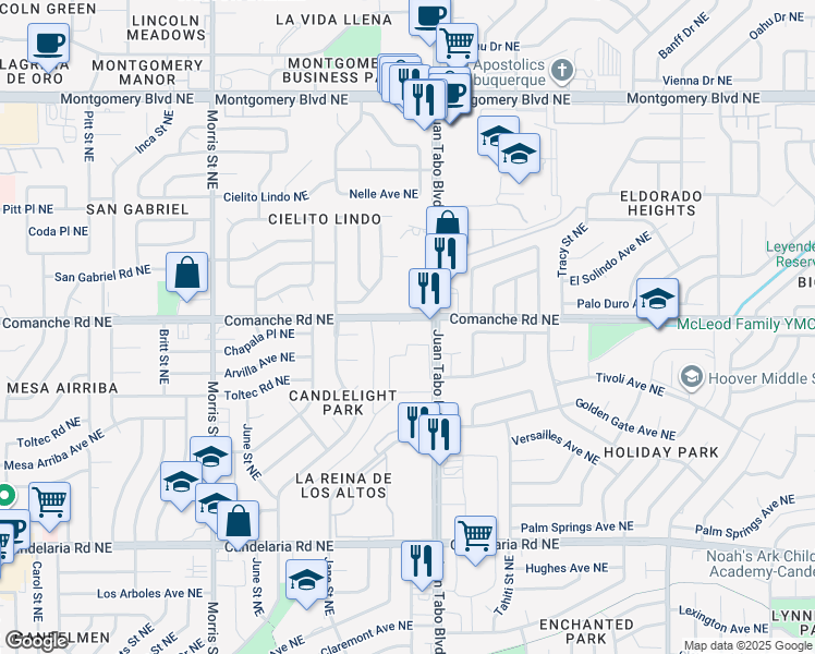 map of restaurants, bars, coffee shops, grocery stores, and more near 10800 Comanche Road Northeast in Albuquerque