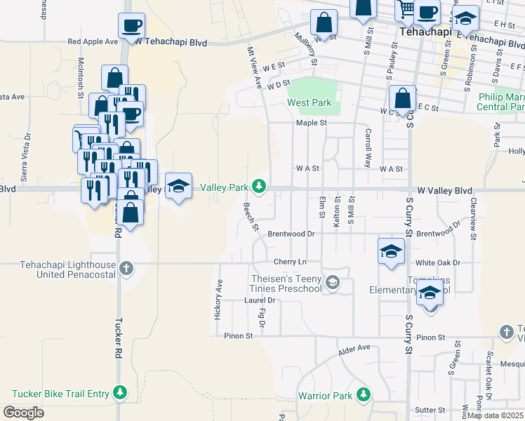 map of restaurants, bars, coffee shops, grocery stores, and more near 606 Linden Court in Tehachapi