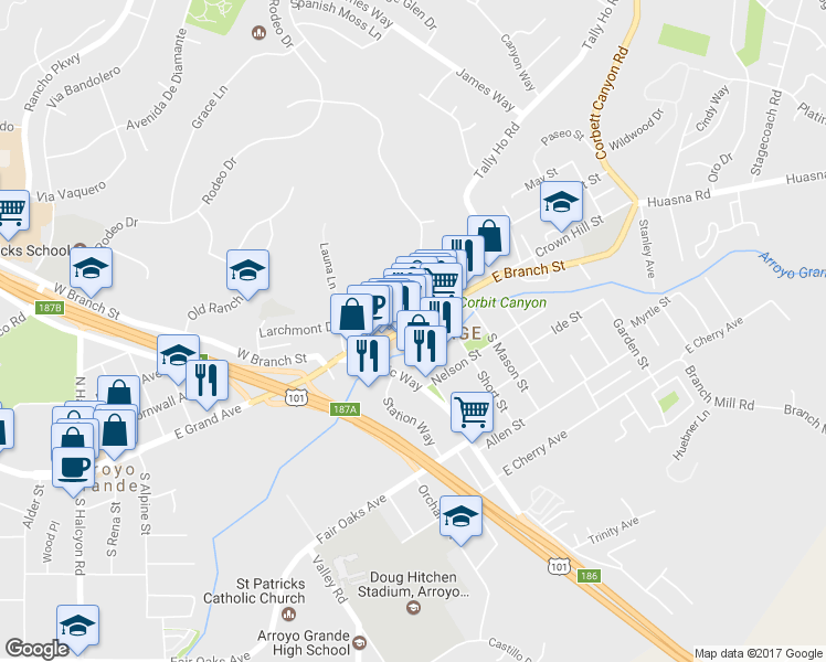 map of restaurants, bars, coffee shops, grocery stores, and more near 106 East Branch Street in Arroyo Grande