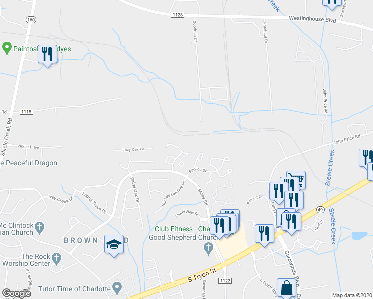 map of restaurants, bars, coffee shops, grocery stores, and more near 12705 Tucker Crossing Lane in Charlotte