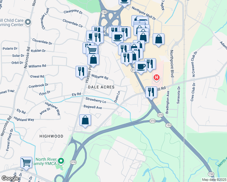 map of restaurants, bars, coffee shops, grocery stores, and more near 1726 Albert Lane in Chattanooga