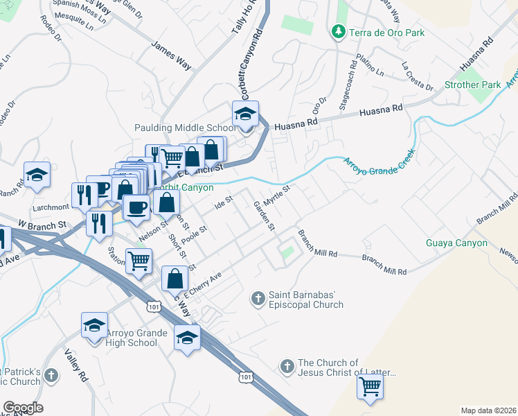 map of restaurants, bars, coffee shops, grocery stores, and more near Garden Street in Arroyo Grande