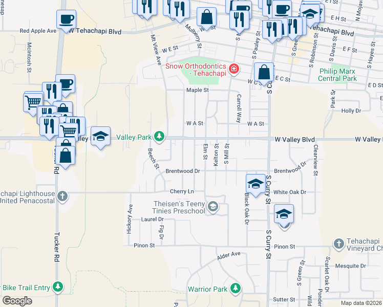 map of restaurants, bars, coffee shops, grocery stores, and more near 524 Valley Boulevard in Tehachapi