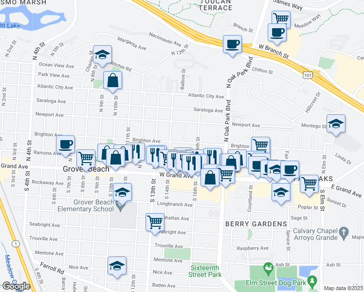 map of restaurants, bars, coffee shops, grocery stores, and more near 1480 Brighton Avenue in Grover Beach