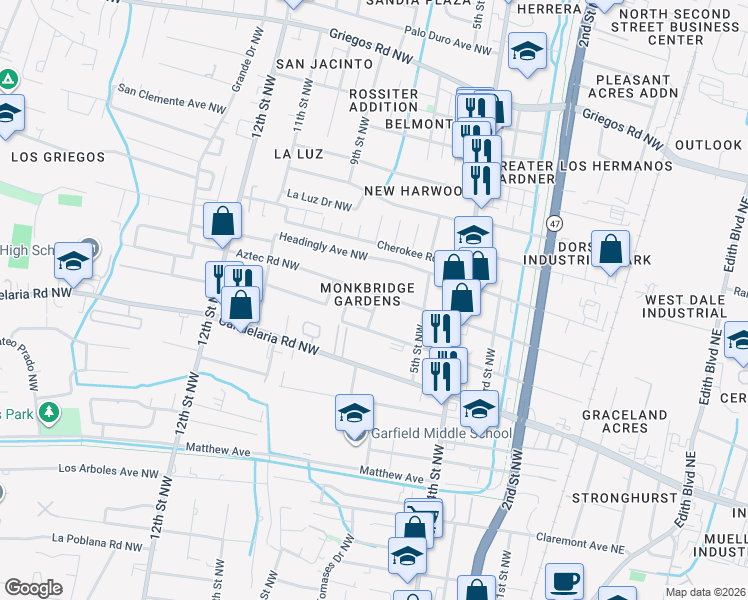 map of restaurants, bars, coffee shops, grocery stores, and more near 617 Aztec Road Northwest in Albuquerque