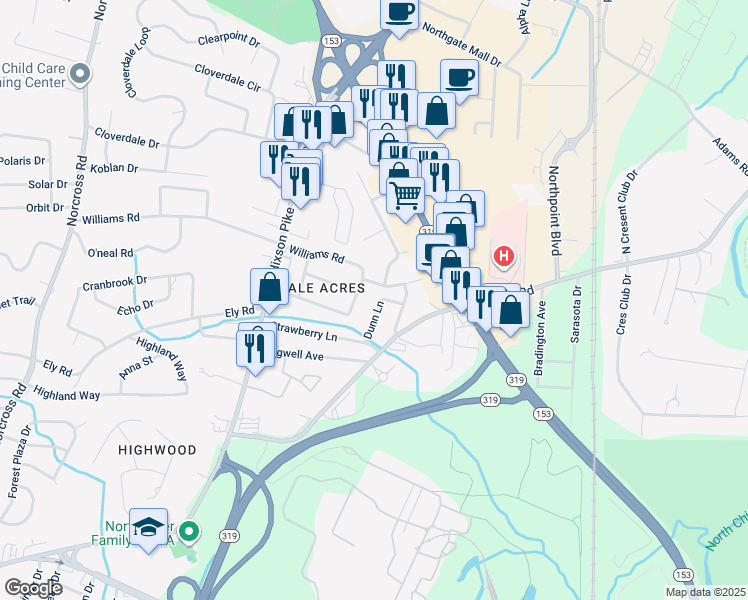 map of restaurants, bars, coffee shops, grocery stores, and more near 1913 Dunn Lane in Chattanooga