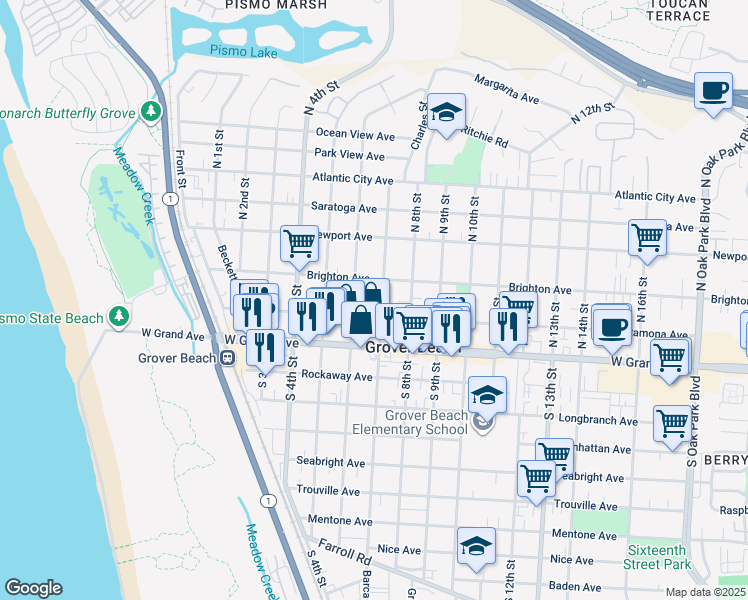 map of restaurants, bars, coffee shops, grocery stores, and more near 243 North 7th Street in Grover Beach