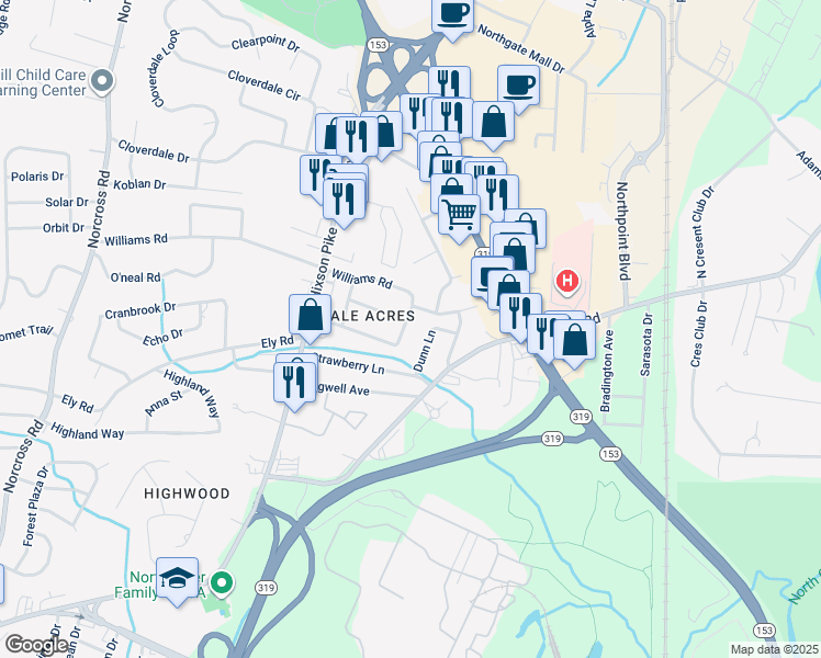 map of restaurants, bars, coffee shops, grocery stores, and more near 1726 Albert Lane in Chattanooga