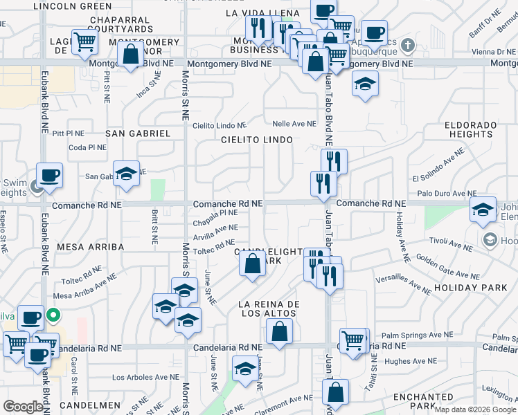 map of restaurants, bars, coffee shops, grocery stores, and more near 3700 Camino Capistrano Northeast in Albuquerque