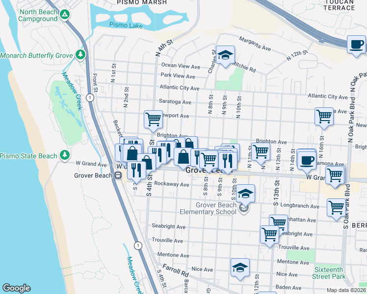 map of restaurants, bars, coffee shops, grocery stores, and more near 242 North 6th Street in Grover Beach