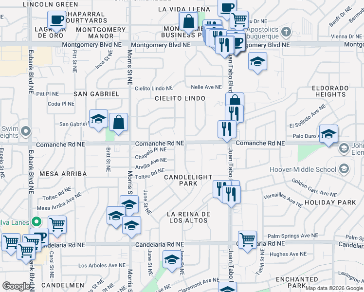 map of restaurants, bars, coffee shops, grocery stores, and more near 3700 Camino Capistrano Northeast in Albuquerque