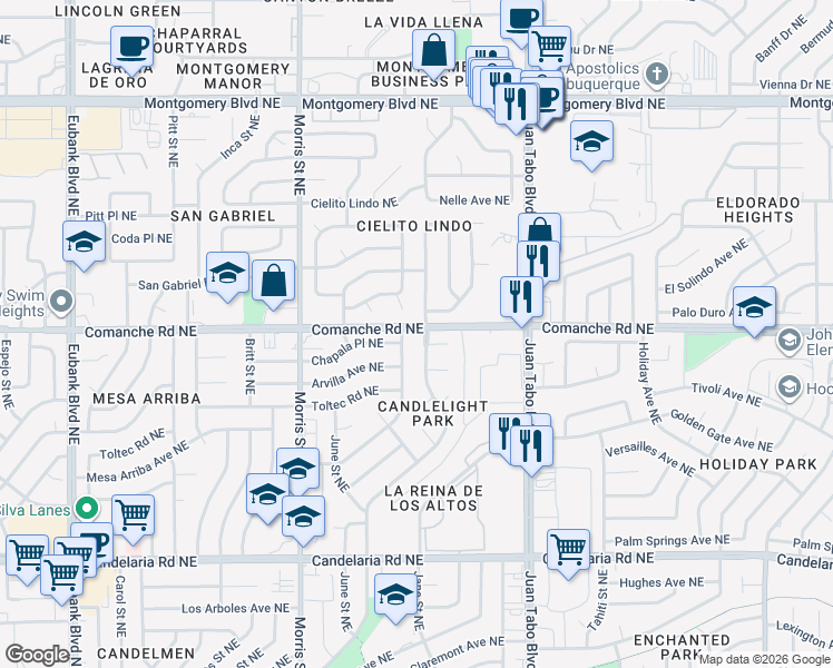 map of restaurants, bars, coffee shops, grocery stores, and more near 3700 Camino Capistrano Northeast in Albuquerque