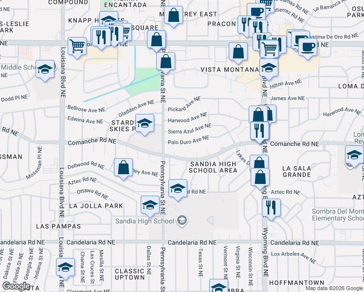 map of restaurants, bars, coffee shops, grocery stores, and more near 7616 Sierra Azul Avenue Northeast in Albuquerque