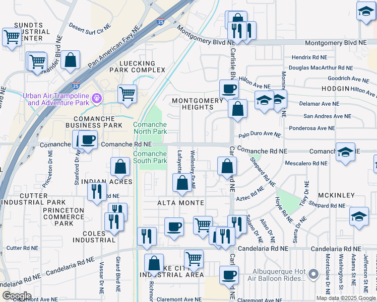 map of restaurants, bars, coffee shops, grocery stores, and more near 3800 Lafayette Drive Northeast in Albuquerque