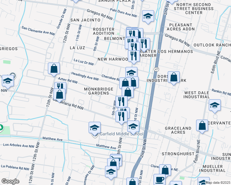 map of restaurants, bars, coffee shops, grocery stores, and more near 426 Headingly Avenue Northwest in Albuquerque