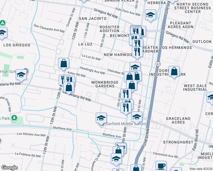 map of restaurants, bars, coffee shops, grocery stores, and more near 617 Aztec Road Northwest in Albuquerque