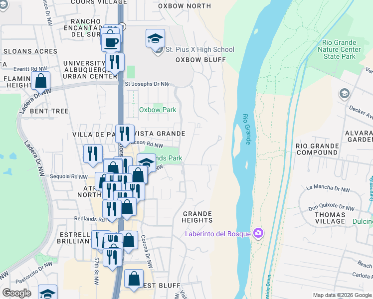 map of restaurants, bars, coffee shops, grocery stores, and more near 3720 Alamogordo Drive Northwest in Albuquerque