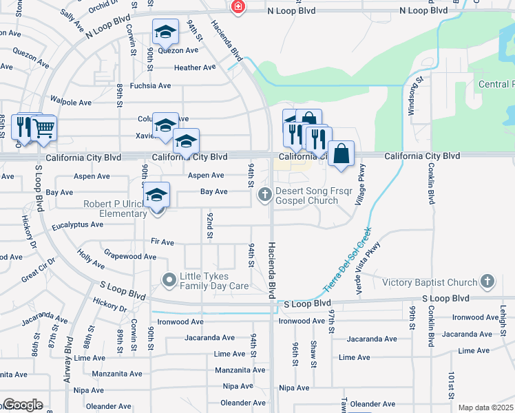 map of restaurants, bars, coffee shops, grocery stores, and more near 9397 Bay Avenue in California City