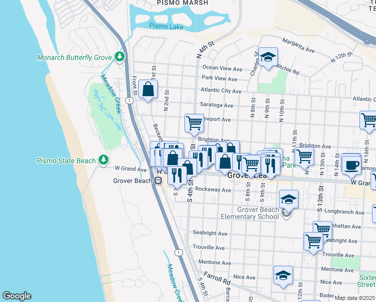 map of restaurants, bars, coffee shops, grocery stores, and more near 348 Brighton Avenue in Grover Beach