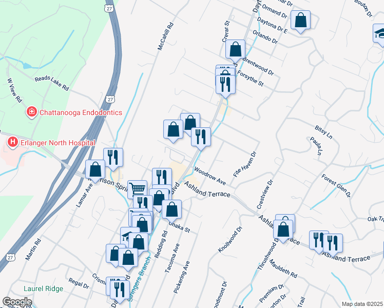 map of restaurants, bars, coffee shops, grocery stores, and more near 4113 Dayton Boulevard in Chattanooga