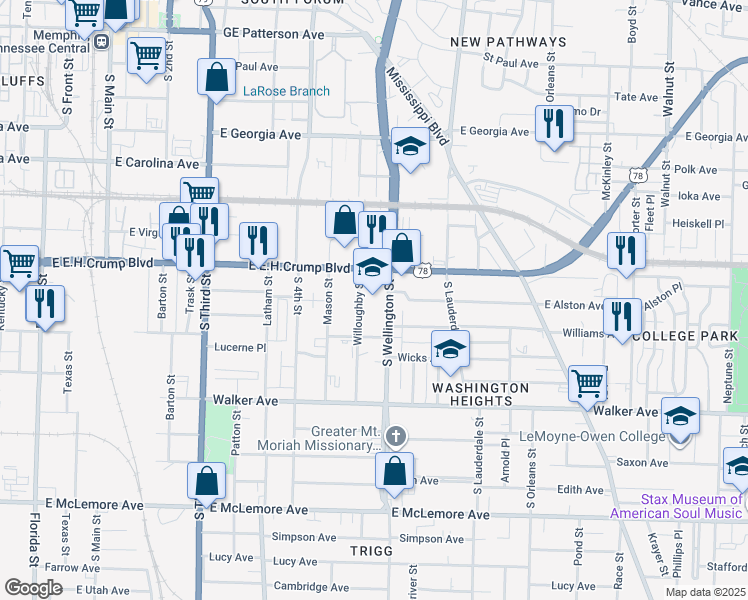 map of restaurants, bars, coffee shops, grocery stores, and more near 864 Willoughby Street in Memphis