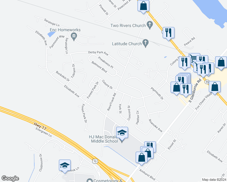 map of restaurants, bars, coffee shops, grocery stores, and more near 1639 RaceTrack Road in New Bern