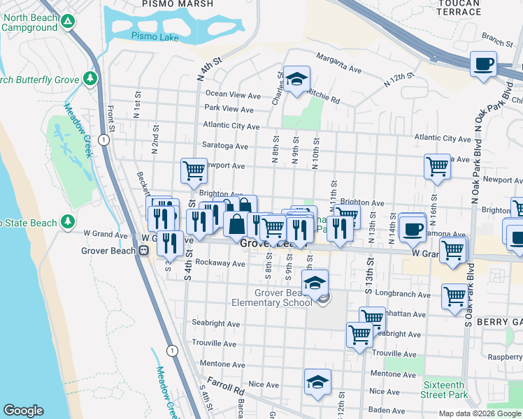 map of restaurants, bars, coffee shops, grocery stores, and more near 320 North 7th Street in Grover Beach