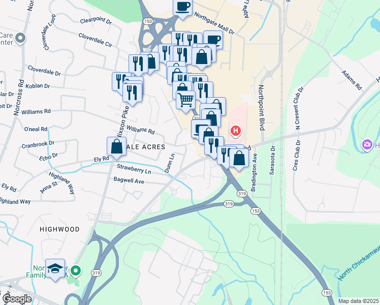 map of restaurants, bars, coffee shops, grocery stores, and more near 1916 Dupont Street in Chattanooga