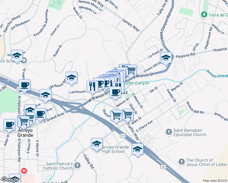 map of restaurants, bars, coffee shops, grocery stores, and more near 118 Olohan Alley in Arroyo Grande