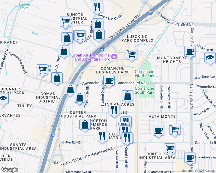 map of restaurants, bars, coffee shops, grocery stores, and more near 2399 Comanche Road Northeast in Albuquerque