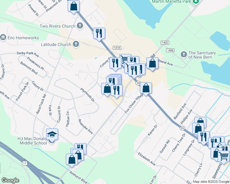 map of restaurants, bars, coffee shops, grocery stores, and more near 1214 South Glenburnie Road in New Bern