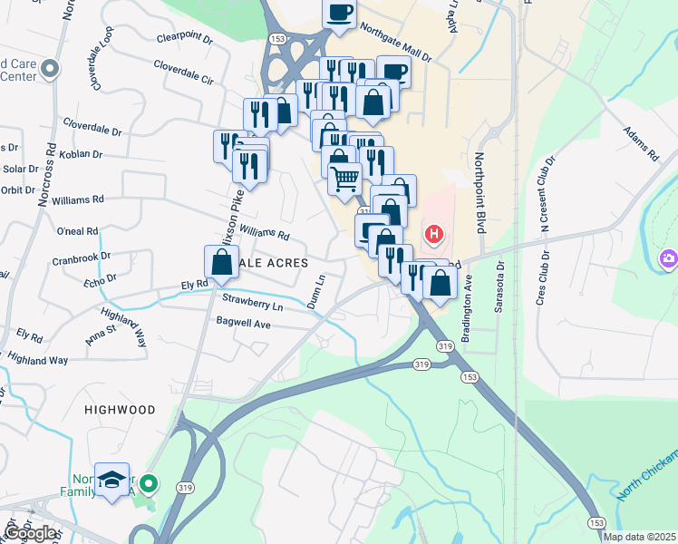 map of restaurants, bars, coffee shops, grocery stores, and more near 1915 Dupont Street in Chattanooga