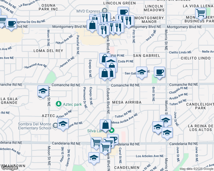 map of restaurants, bars, coffee shops, grocery stores, and more near Eubank Blvd NE & Comanche Rd NE in Albuquerque