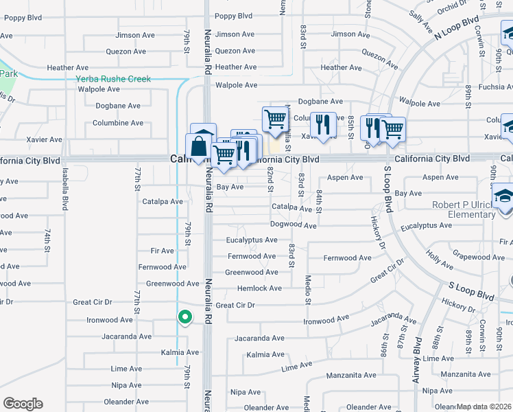 map of restaurants, bars, coffee shops, grocery stores, and more near Catalpa Avenue in California City