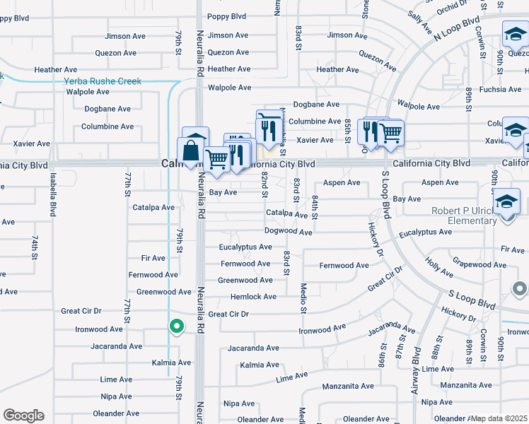 map of restaurants, bars, coffee shops, grocery stores, and more near Catalpa Avenue in California City