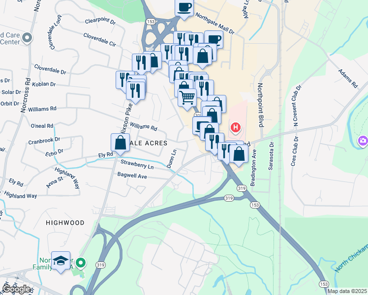 map of restaurants, bars, coffee shops, grocery stores, and more near 1915 Dupont Street in Chattanooga